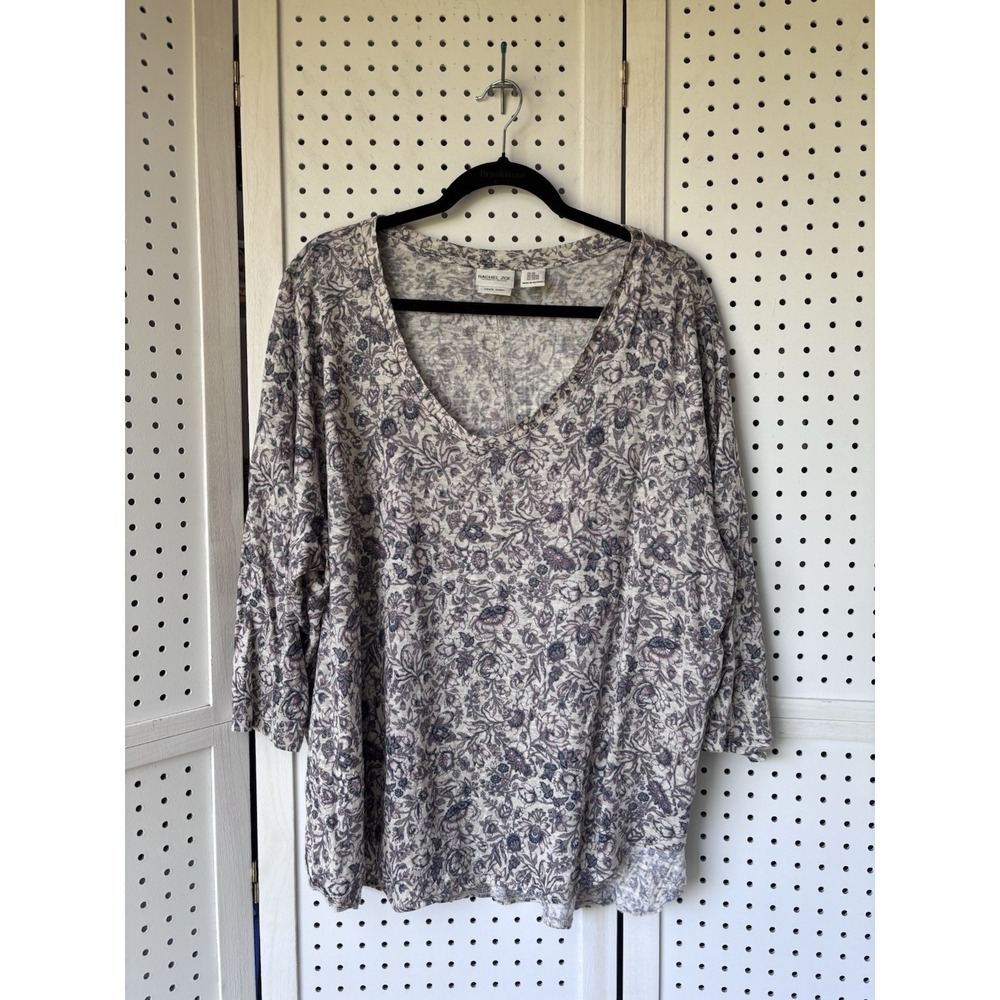 Rachel Zoe Women's 2X Floral V Neck 100% Linen Blouse 3/4 SLV Asymmetrical Hem